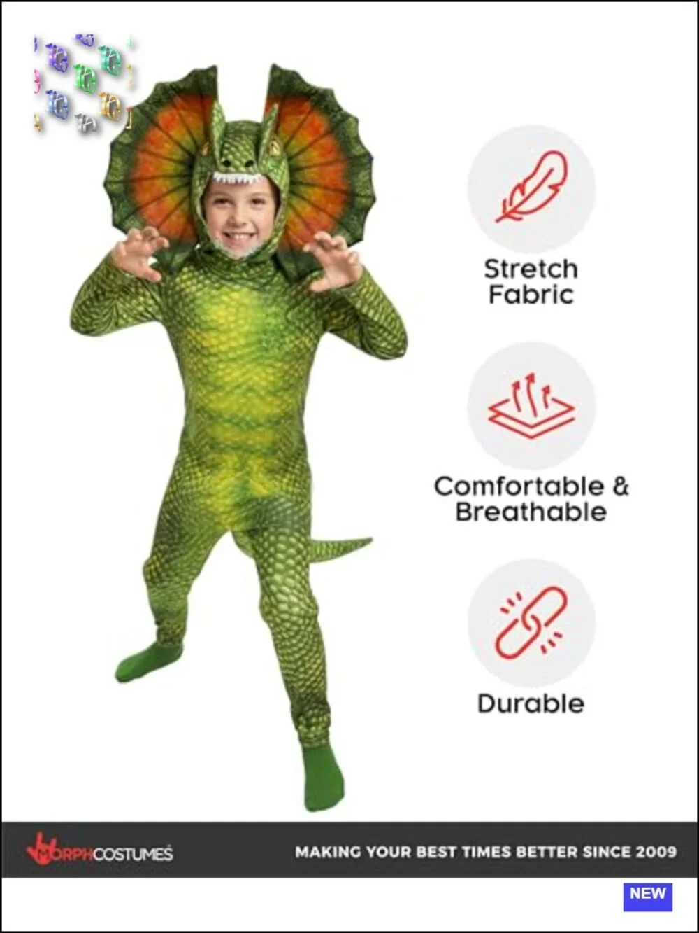 Kids Dinosaur Halloween Costume Boys Dilophosaurus Green Jumpsuit Hood